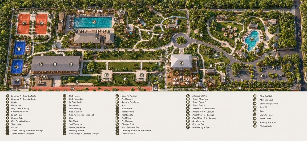 Annotated master plan of the 20 acre estate showing the courts, pools, clubhouse, gym, spa and gardens