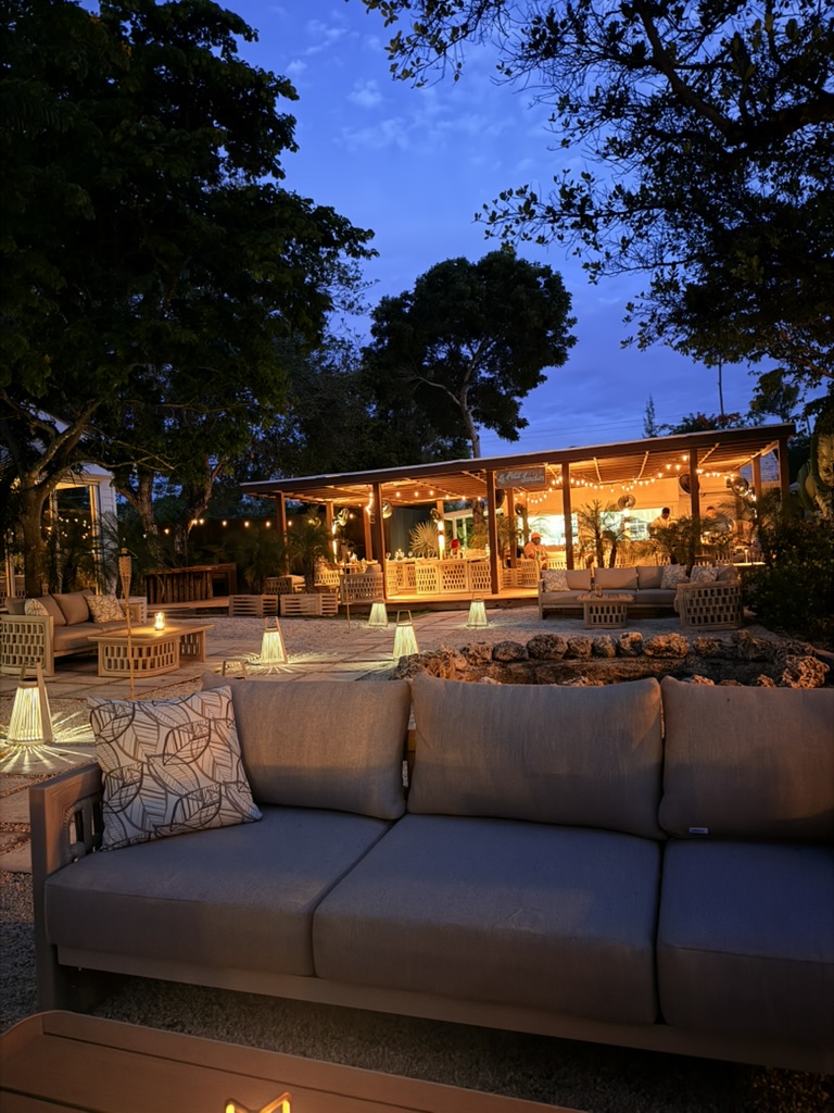 Le Petit Jardin, the restaurant on the estate, at dusk