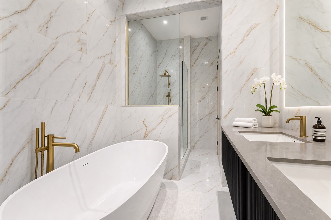 Marble bathroom with walk-in shower in a Longevity Suite on the estate