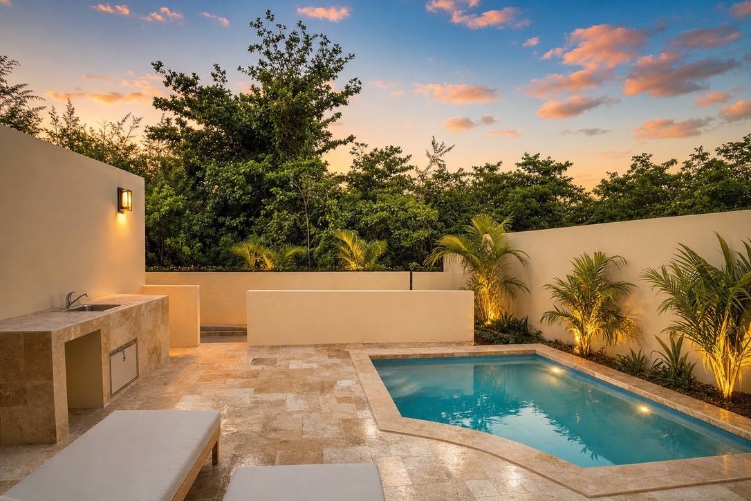 Private pool at sunset beside a Longevity Suite